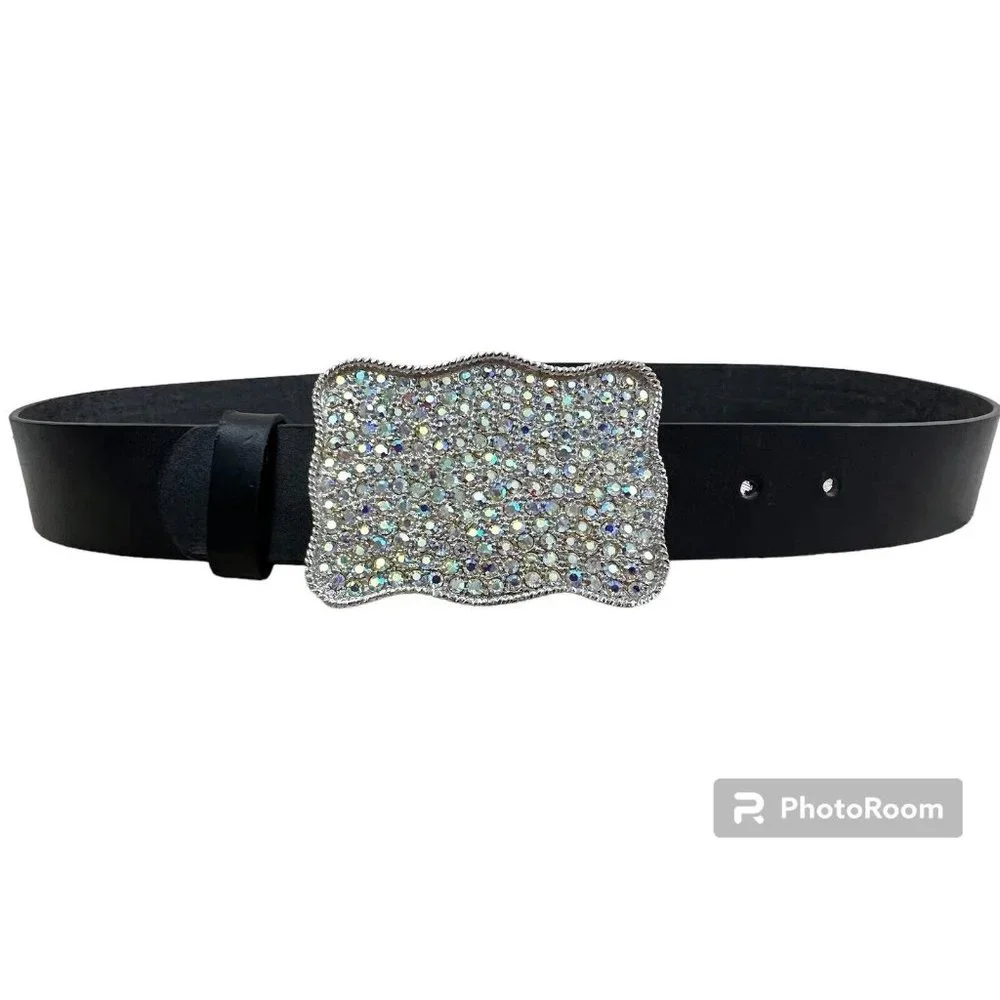 Aurora Borealis Clear Rhinestone Belt Buckle‎ Rectangle 2.5 x 3.5 Heavy Western
